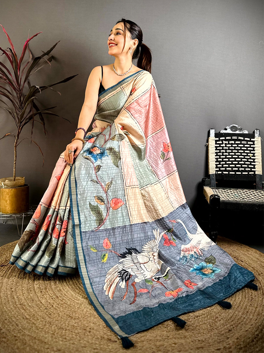 Majestic Digital Kalamkari Tussar Saree