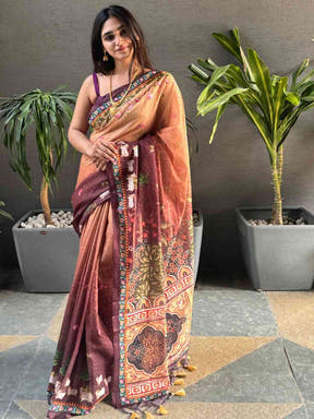 Soft Linen Ombre Pichwai Wine Saree, front view