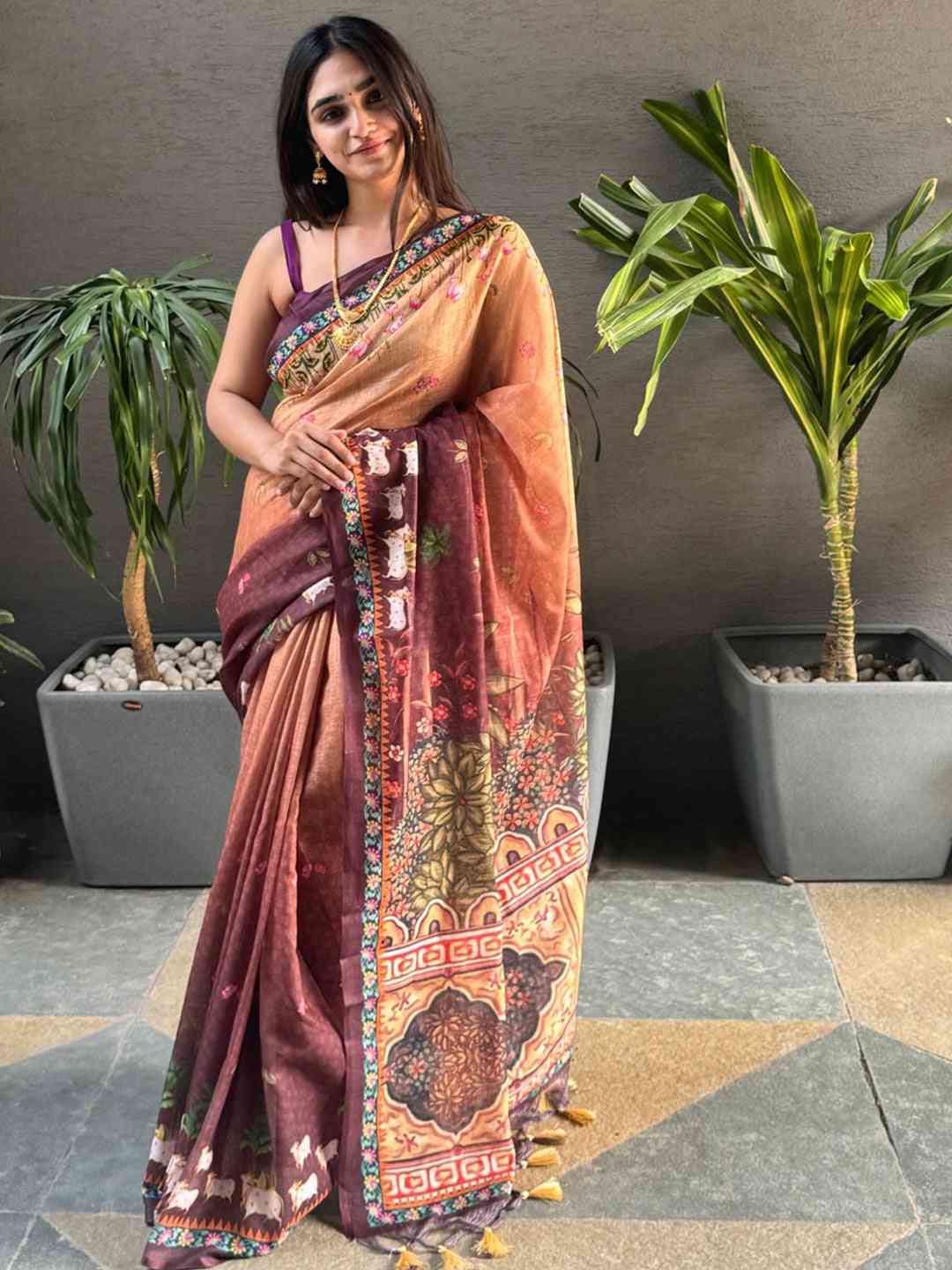 Soft Linen Ombre Pichwai Wine Saree, front view