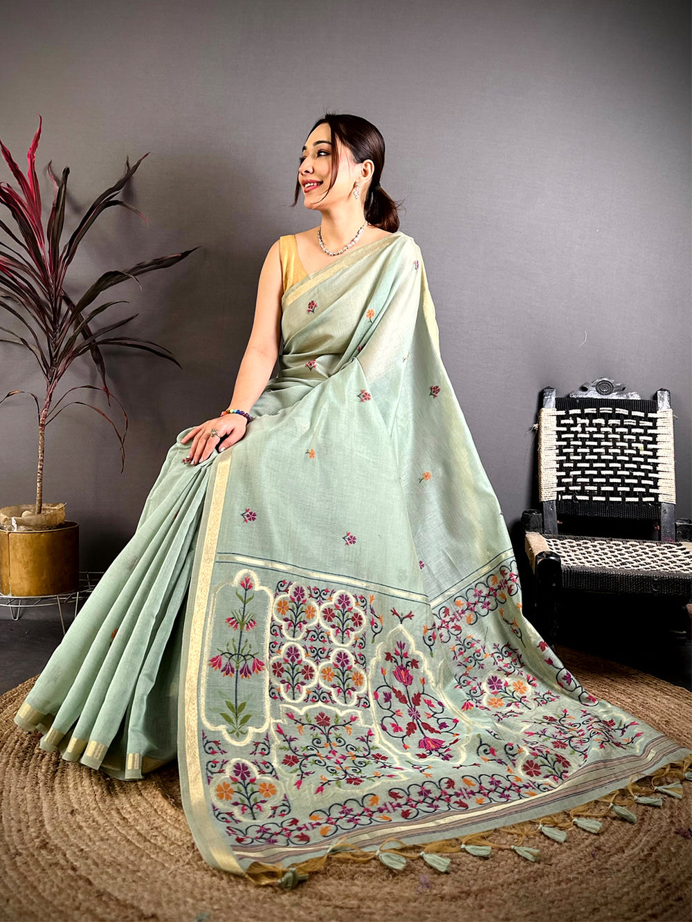 Sky Blue Minakari Khadi Cotton Saree