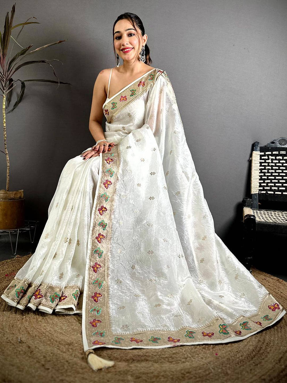 White Crush Silk Zari Embroidered Saree