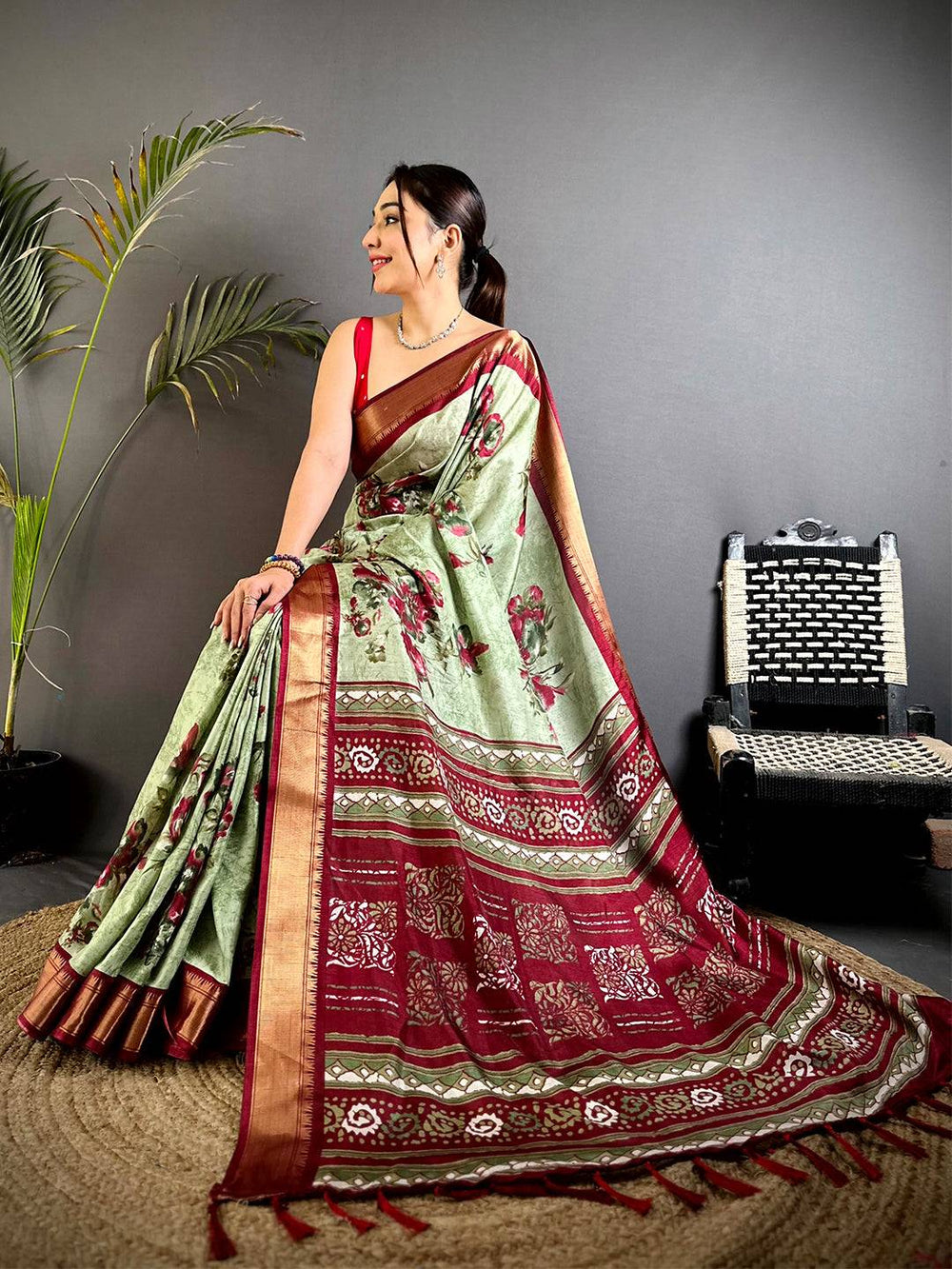 Regal Pista Floral Dola Silk Saree