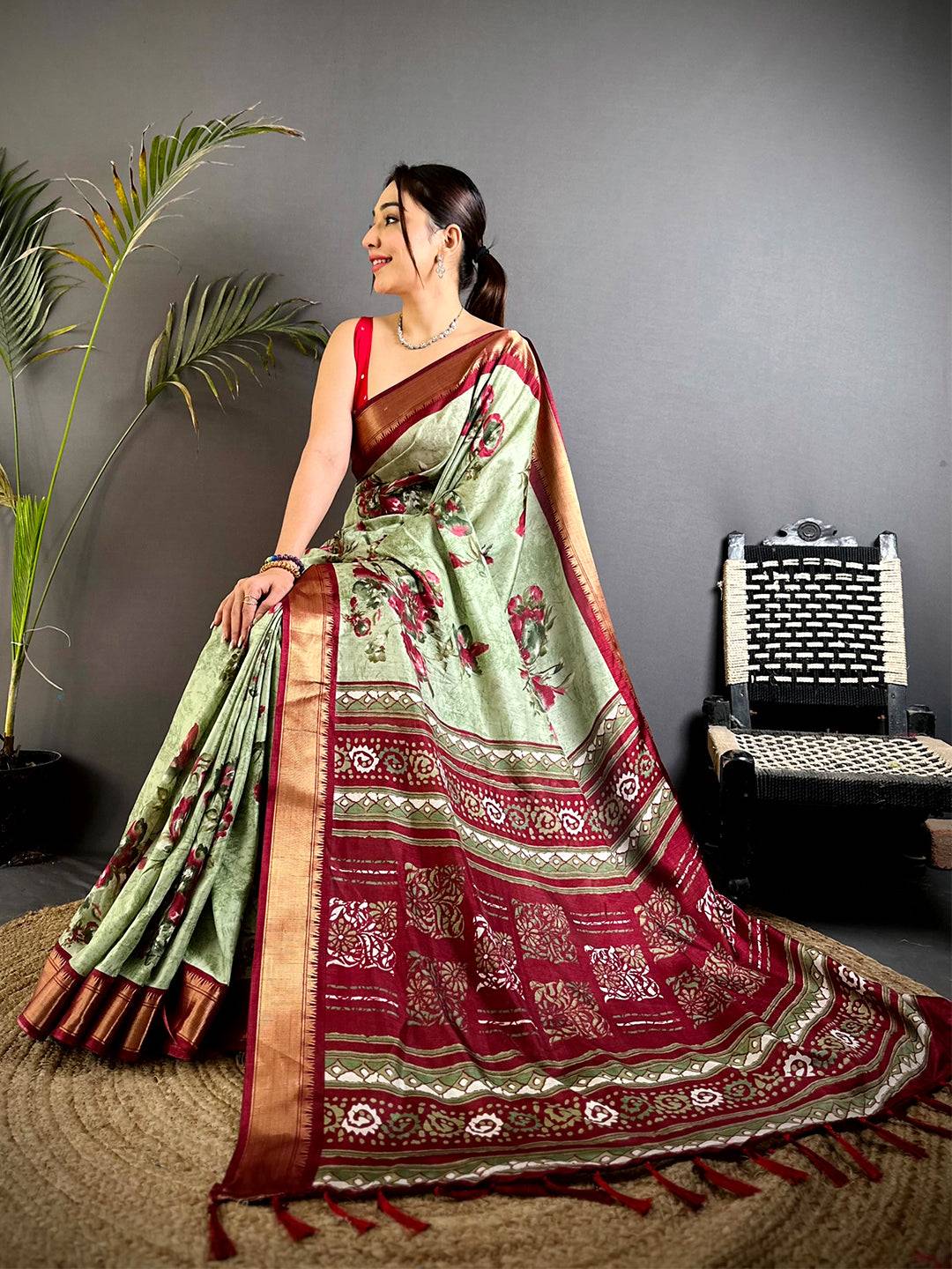 Regal Pista Floral Dola Silk Saree