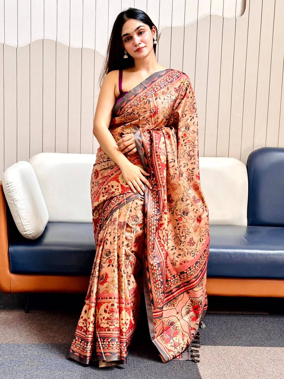 Elegant Floral Print Tussar Silk Saree in Peachy Pink