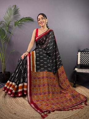 Black Pure Cotton Viscose Ikkat Print Saree