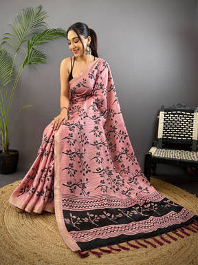 Rose Pink Ghicha Leaf Print Saree