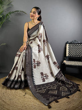 Block Printed Coffee Brown Ghicha Silk Saree

