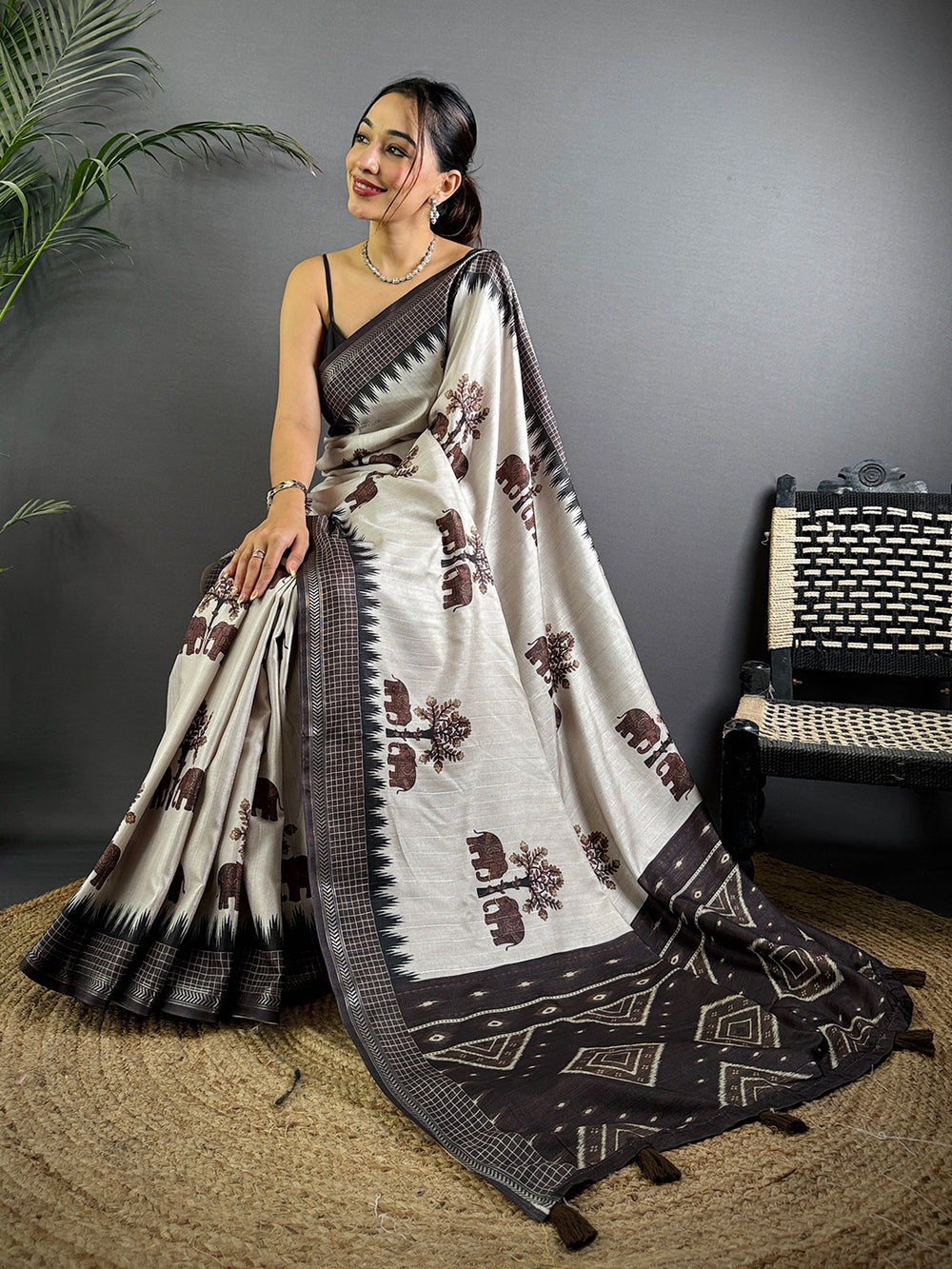 Block Printed Coffee Brown Ghicha Silk Saree