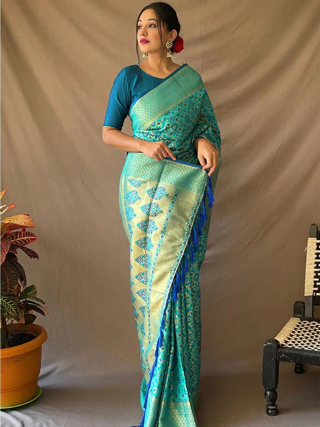 Cerulean Blue Rajkoti Patola Silk Zari Woven Saree