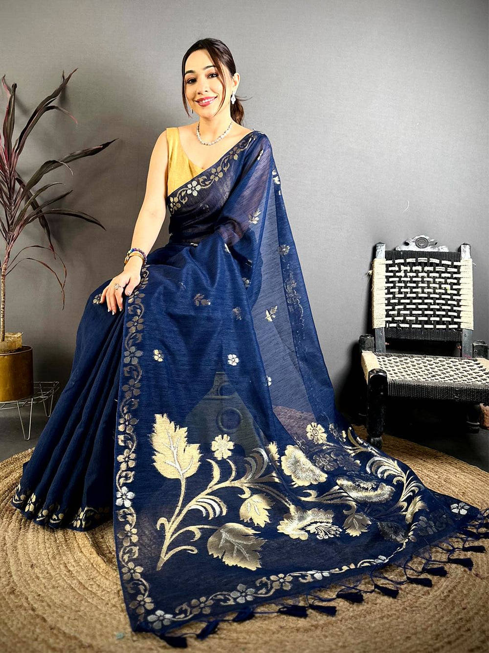 Navy Sona Chandi Khadi Ghicha Saree


