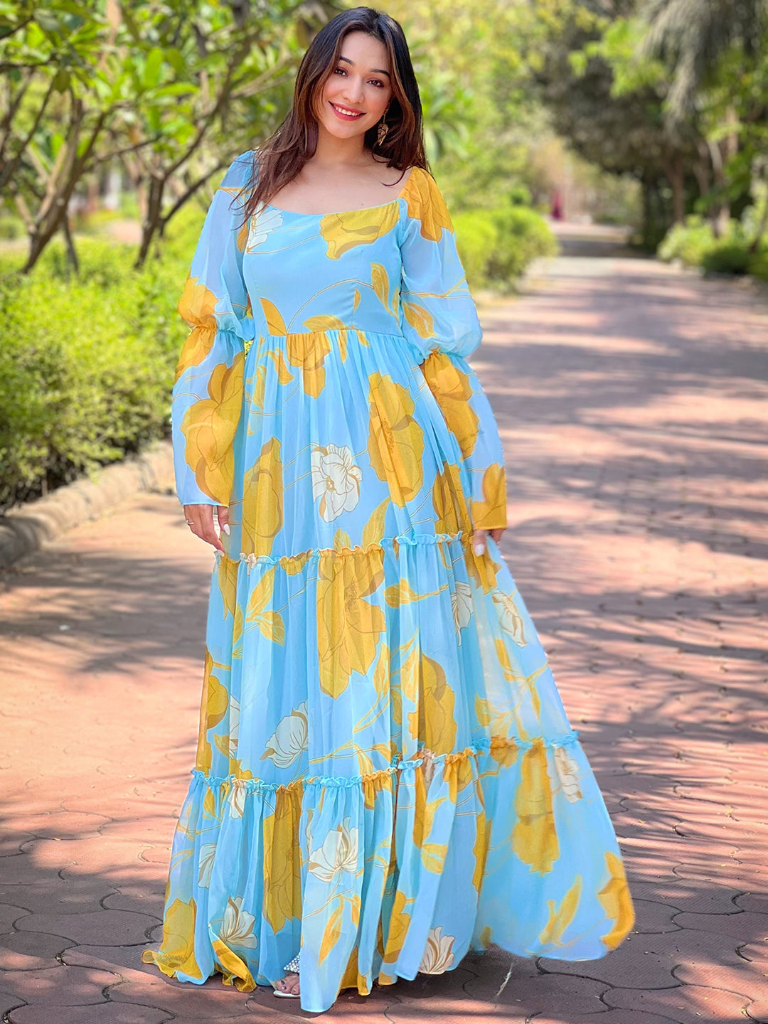 Ploy Georgette Sky Blue Colour Floral Print Flare Dress