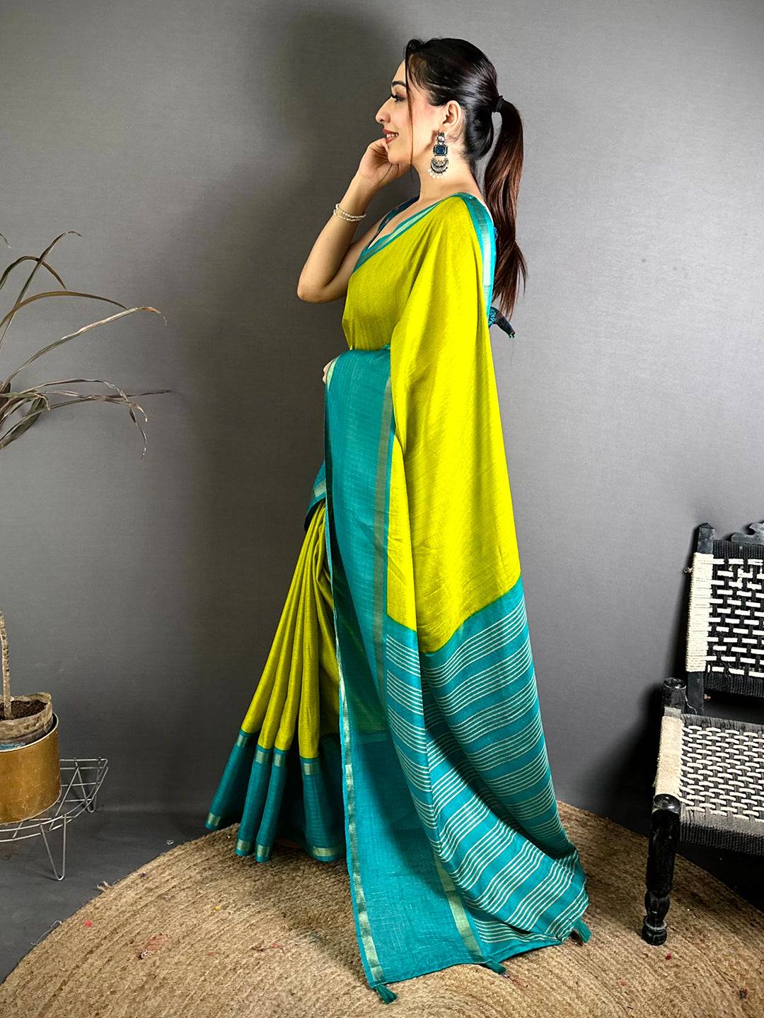Lime Soft Kota Crepe Contrast Border Saree