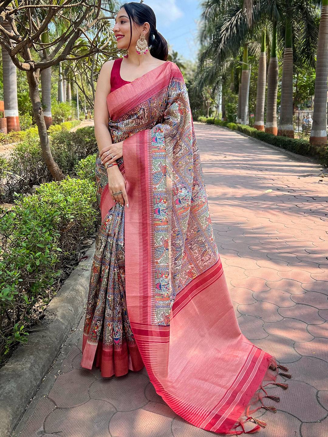 Woman wearing Slub Tussar Silk Madhubani Kalamkari Saree outdoors