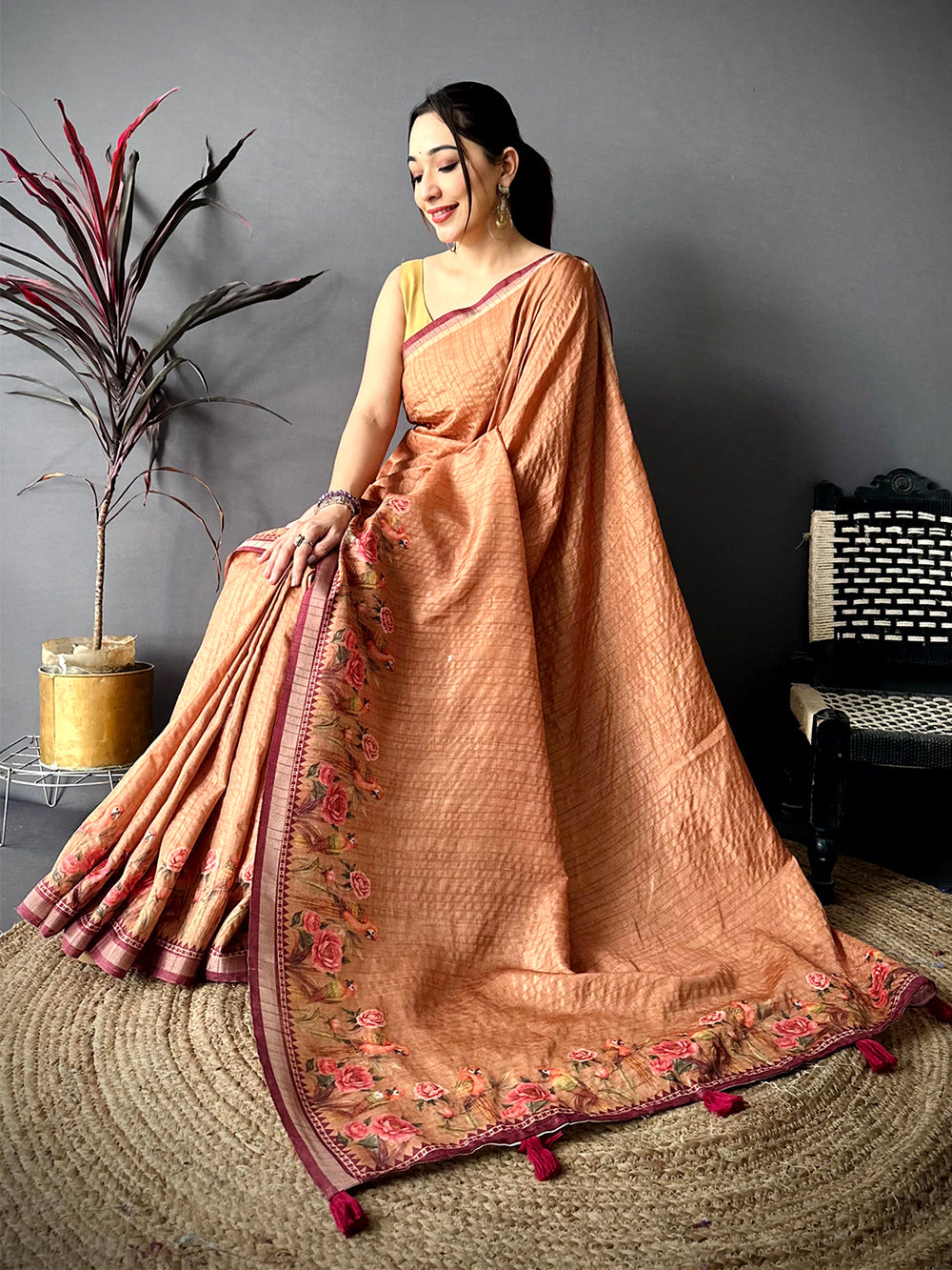 Dusty Yellow Ghicha Munga Saree