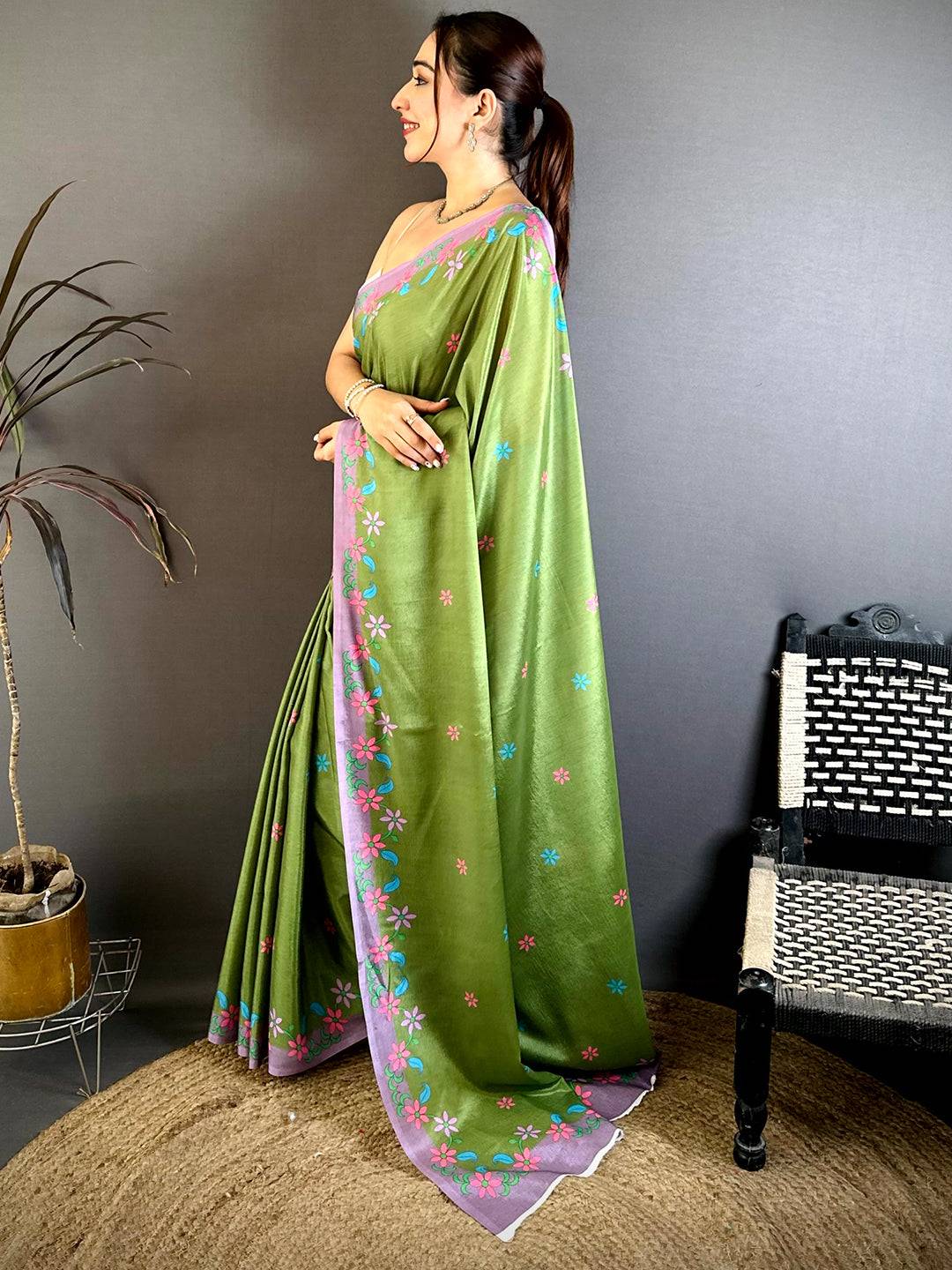 Elegant Floral Printed Green Chiffon Saree
