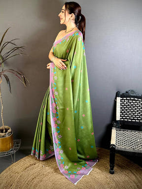 Elegant Floral Printed Green Chiffon Saree