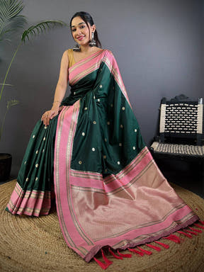 Bottle Green Soft Silk Floral Butta Saree