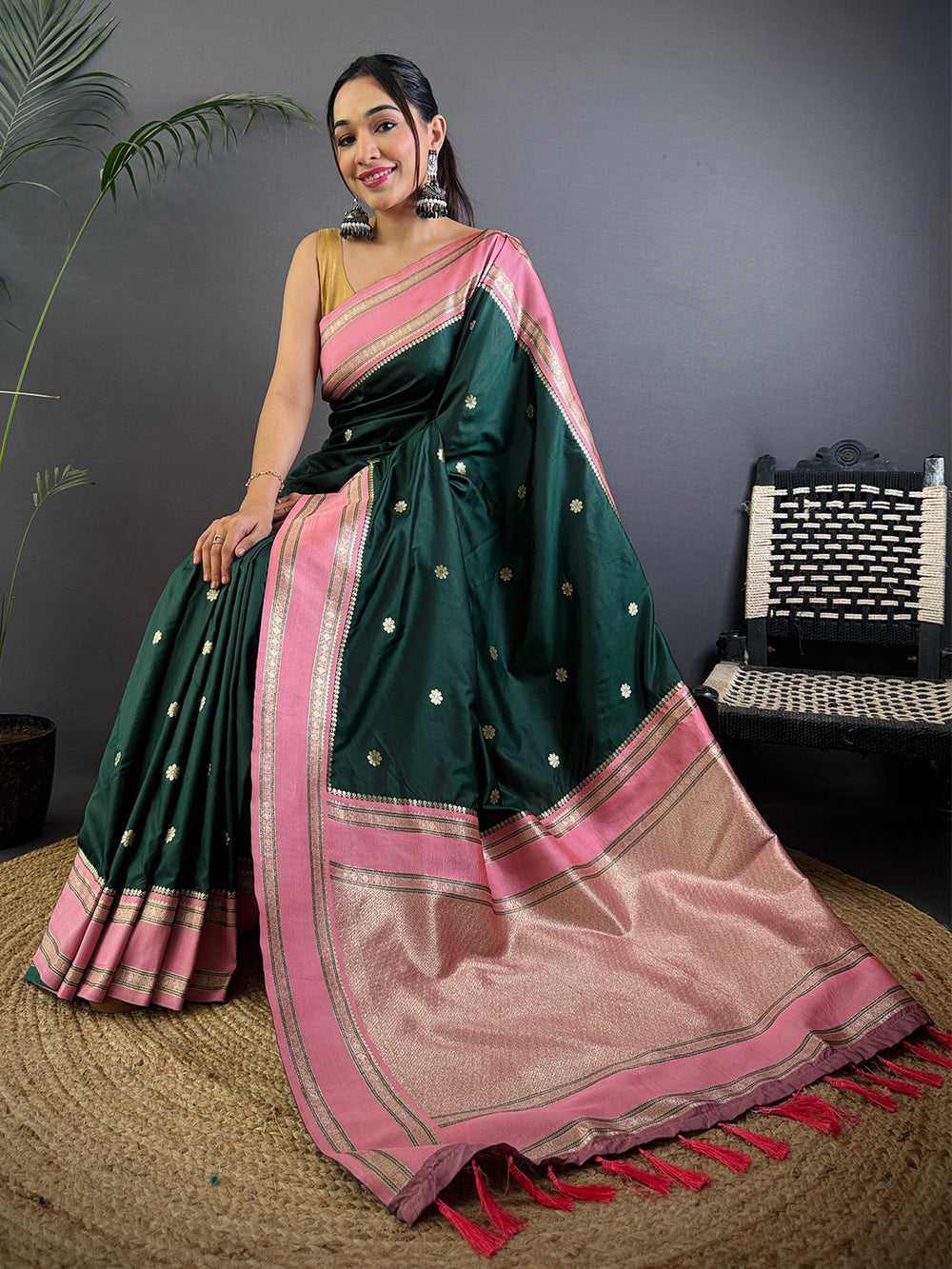 Bottle Green Soft Silk Floral Butta Saree