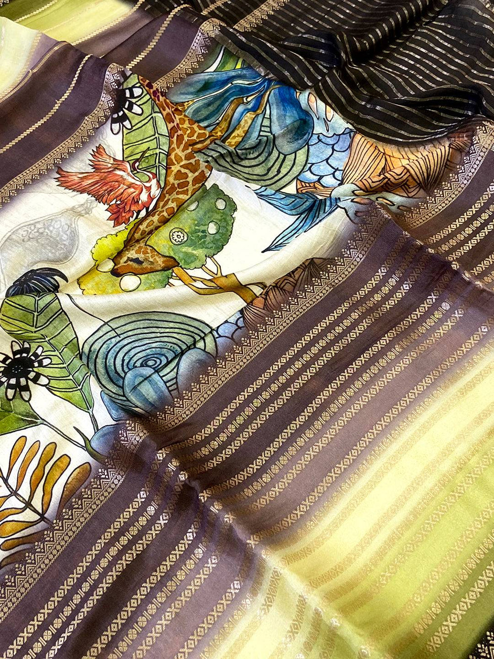 Stylish Soft Silk Kalamkari Zari Stripe Saree