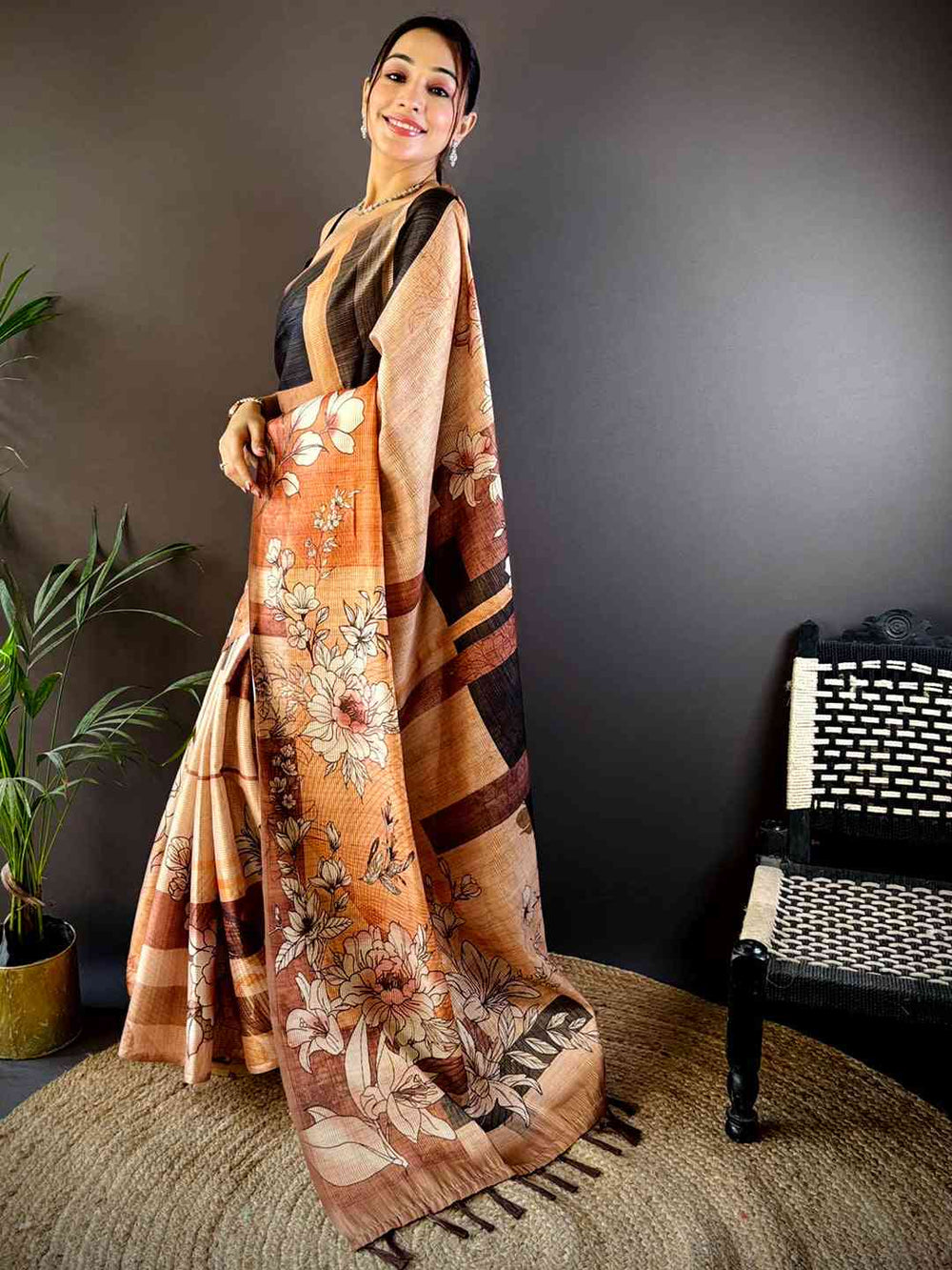 Petals Peach Tussar Zari Floral Saree