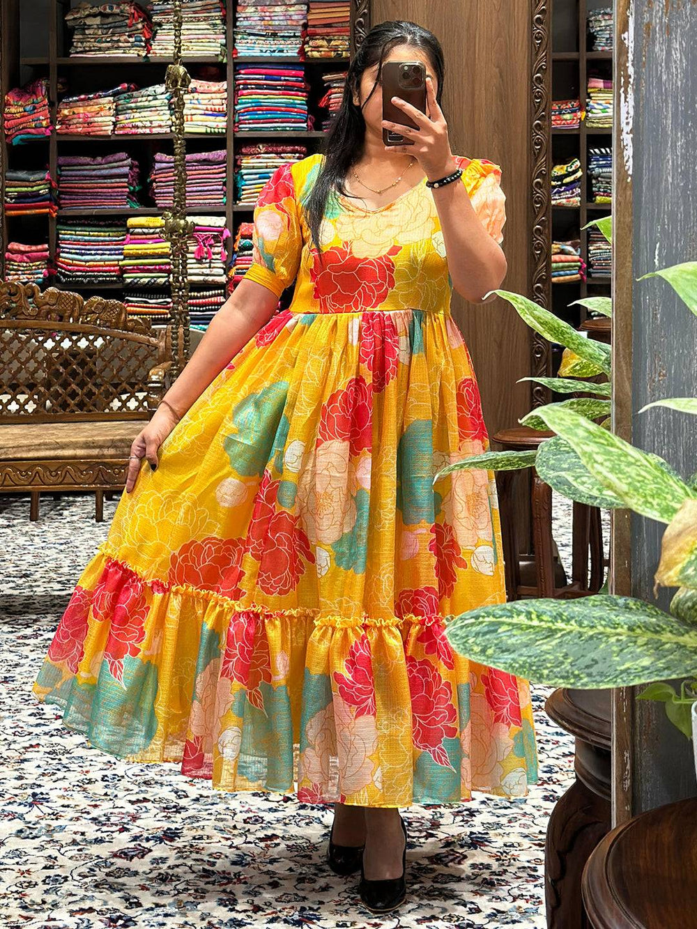 Daylily Yellow V Neck Midi Dress with floral pattern