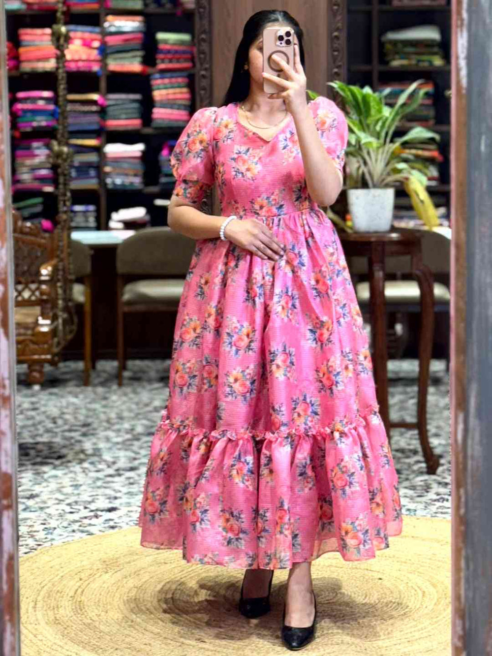 Pink Floral Print Midi Dress
