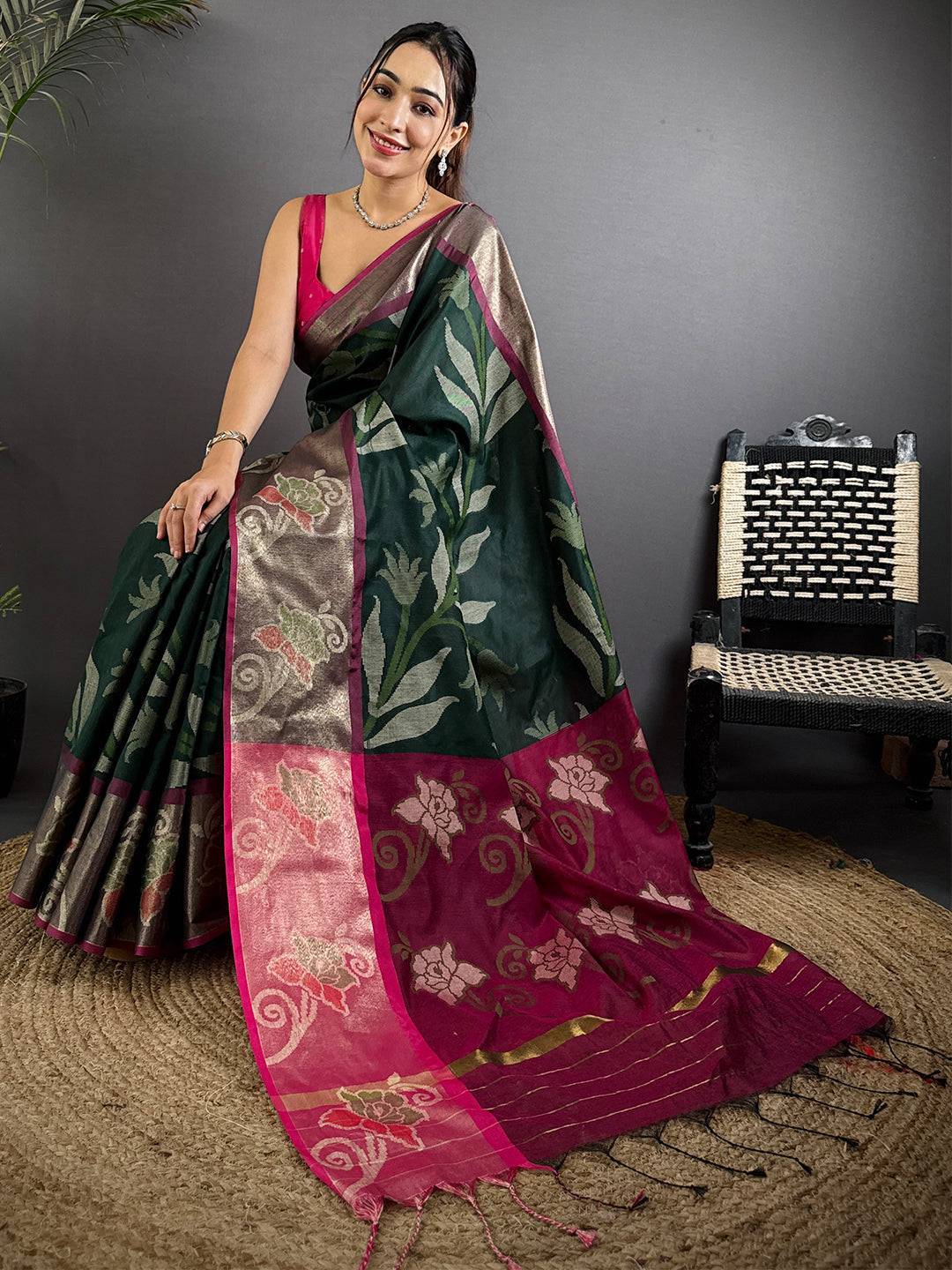 Green Soft Chanderi Pochampally Ikkat Saree

