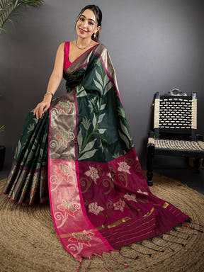 Green Soft Chanderi Pochampally Ikkat Saree

