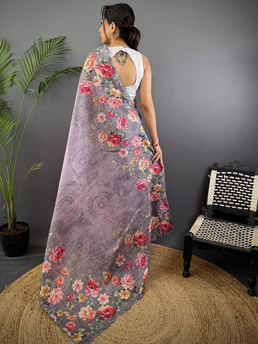 Dusty Lavender Floral Cut Work Kota Saree