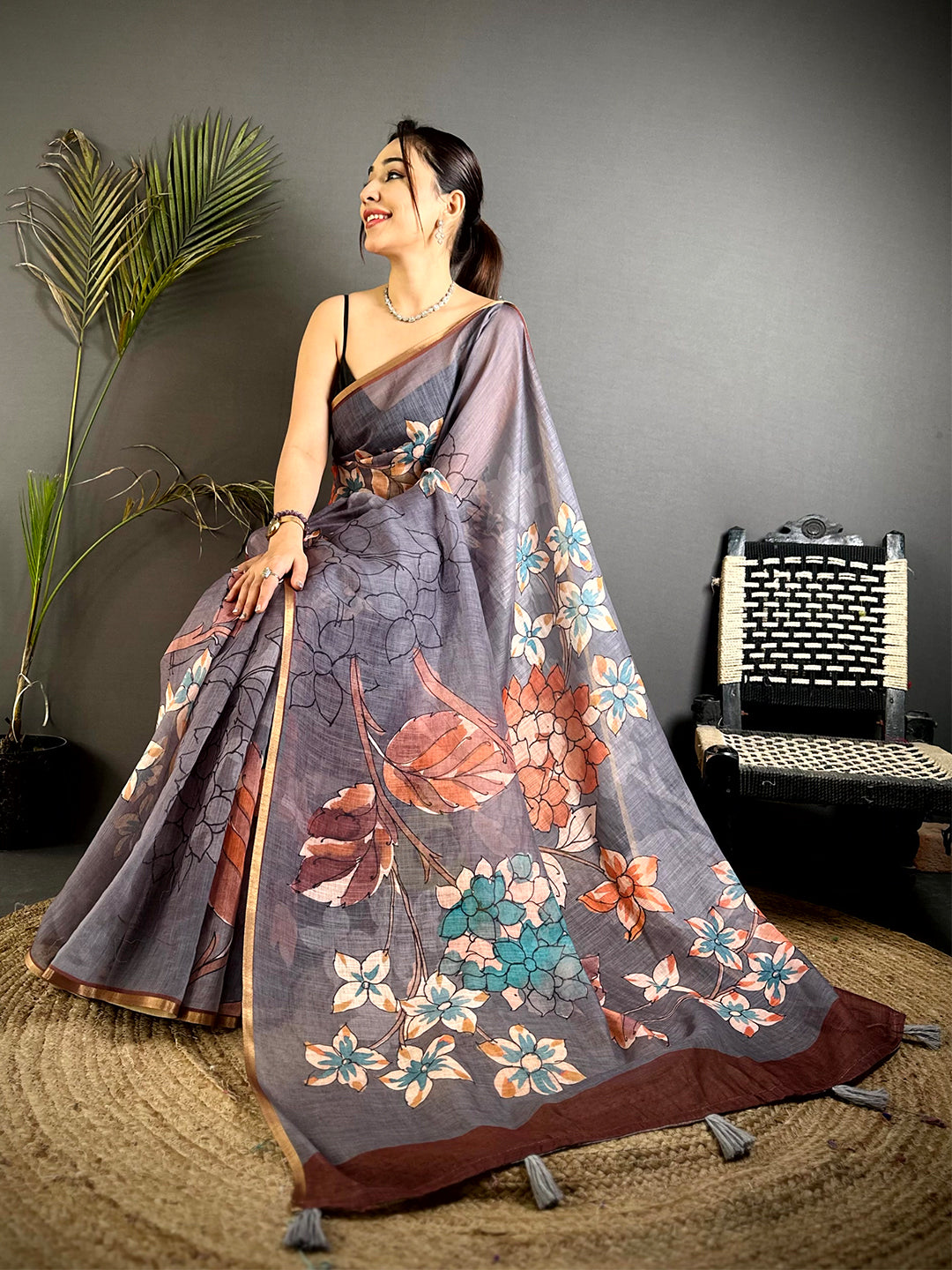 Classic Grey Floral Linen Saree