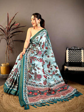 Elegant model showcasing Regal Rudrakh digital print soft silk saree with intricate border design