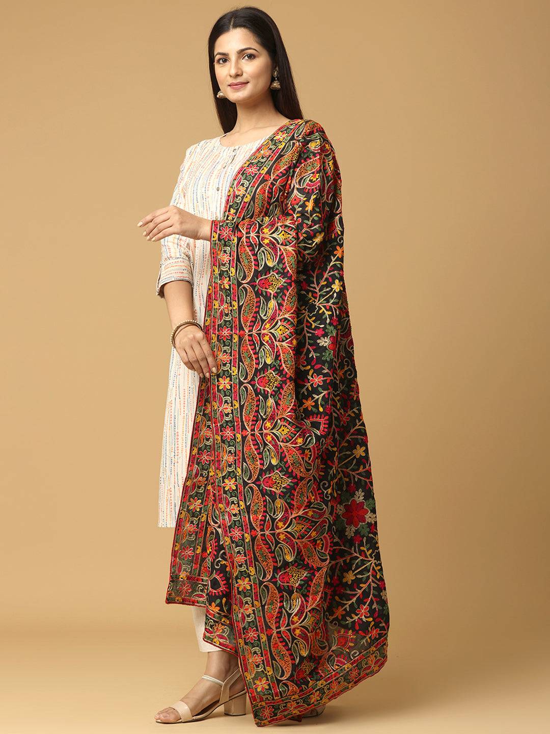 Full view of poly chiffon pashmina dupatta with detailed motifs