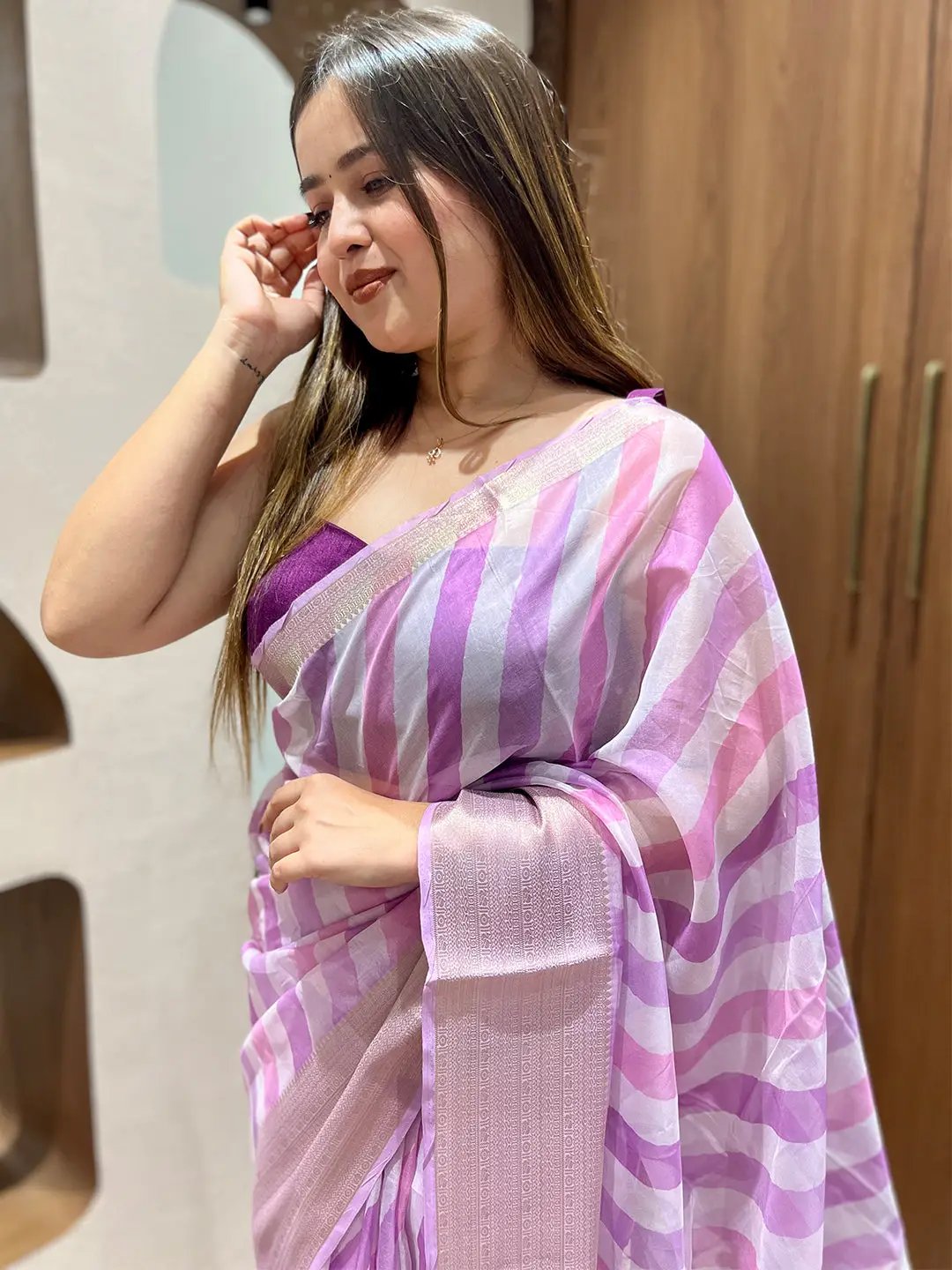 Soft organza leheriya saree in pink and purple hues