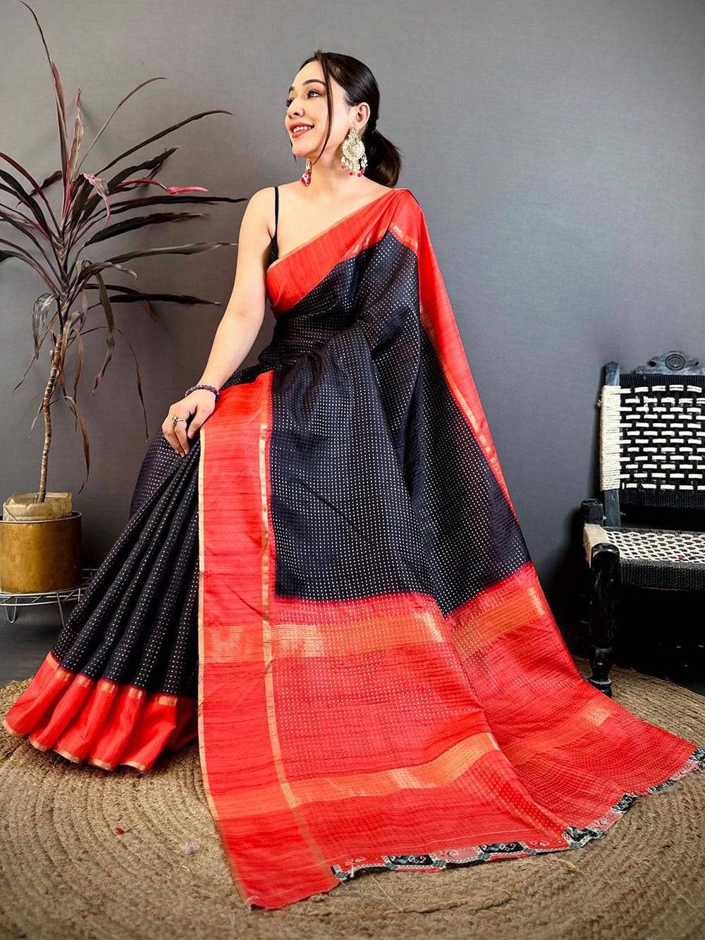 Black Tussar Gold Zari 1000 Butti Saree
