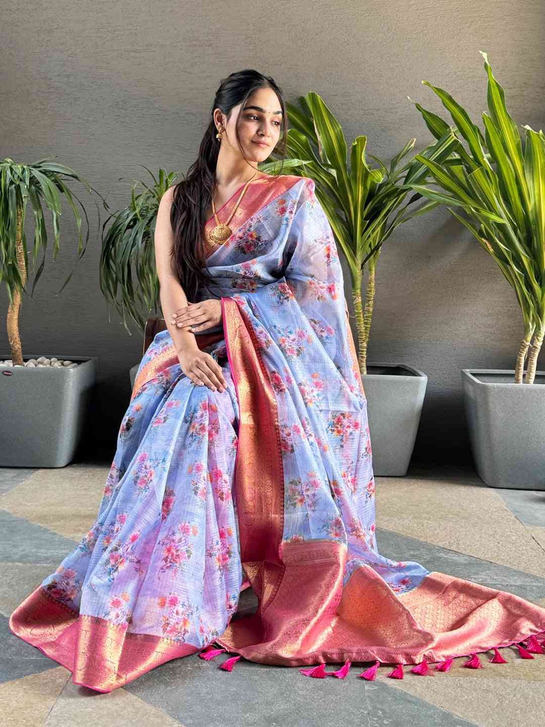 Stylish light purple Kota silk saree with floral patterns