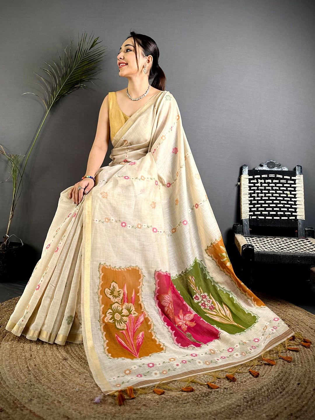Jharokha Jamdani Cotton Linen Saree