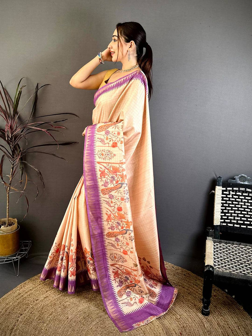 Cream Bird Motif Soft Tussar Saree
