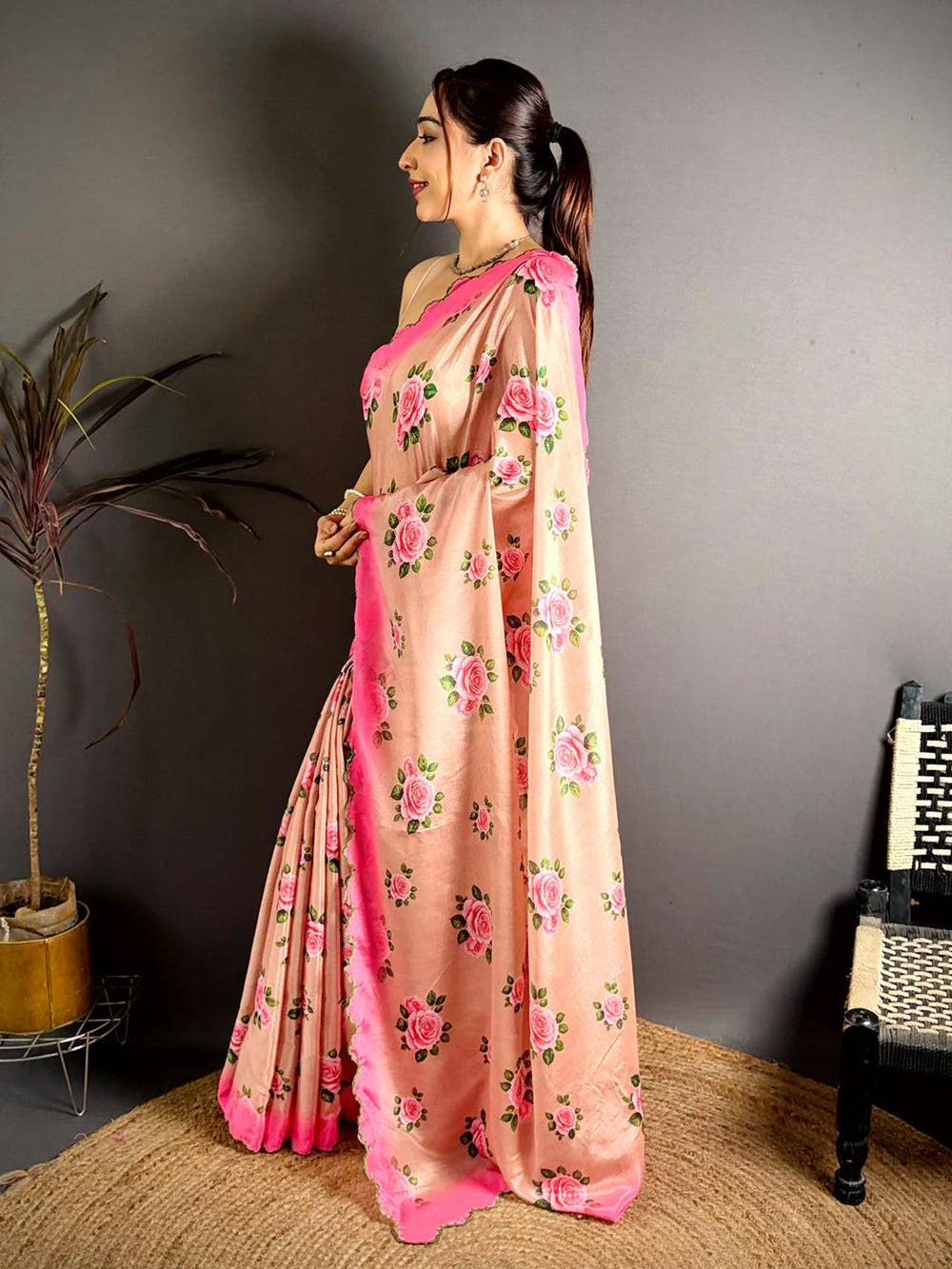 Peach Chinnon Embroidered Border Saree