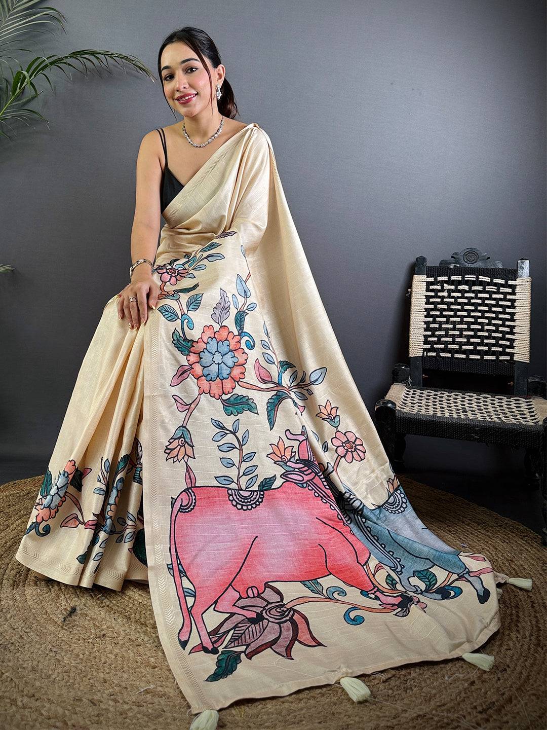 Kalamkari Printed Cream Ghicha Saree

