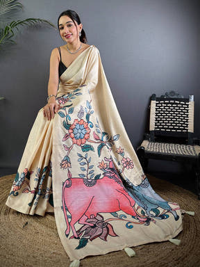 Kalamkari Printed Cream Ghicha Saree


