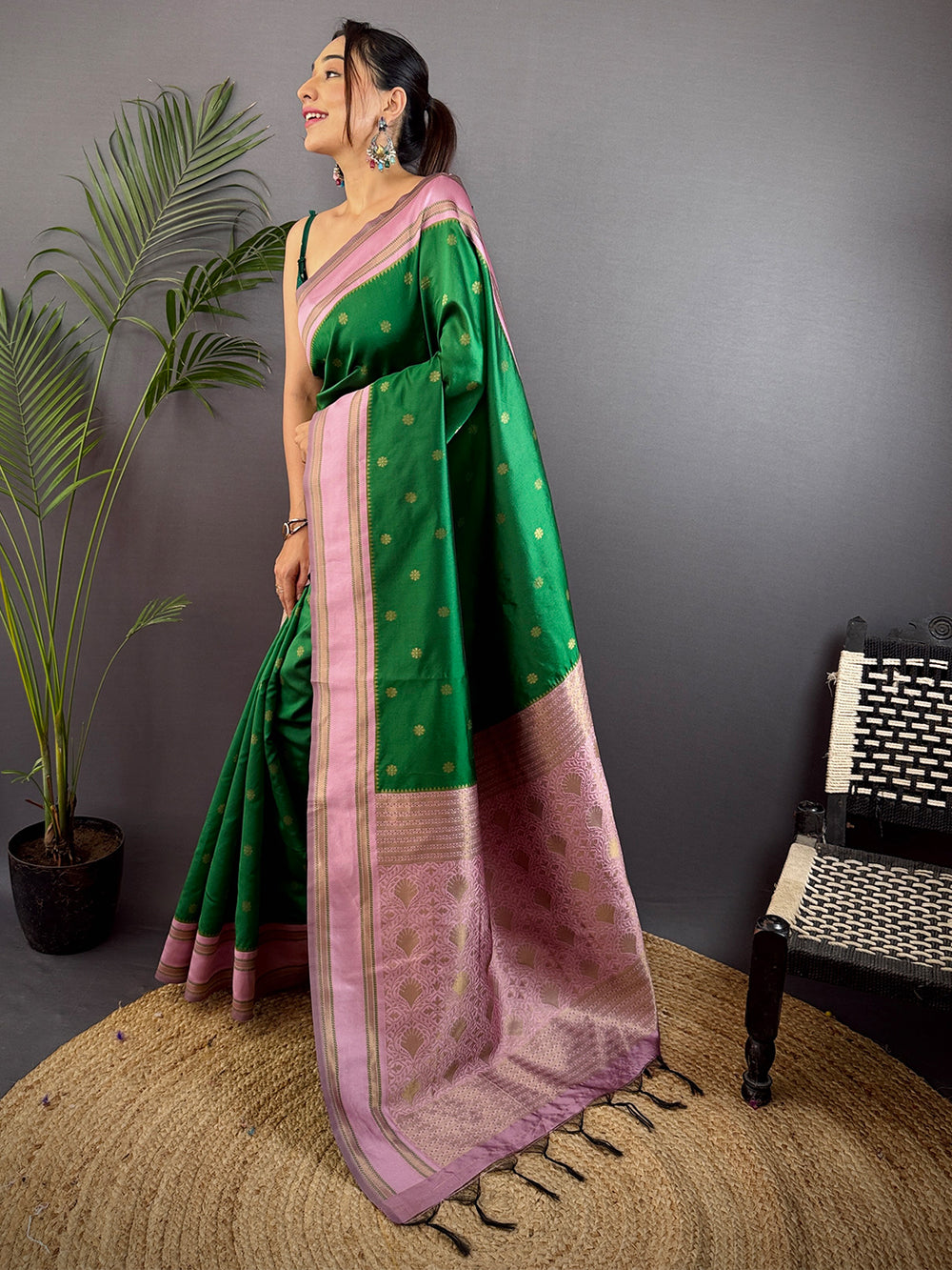 Green Silk Blend Floral Saree