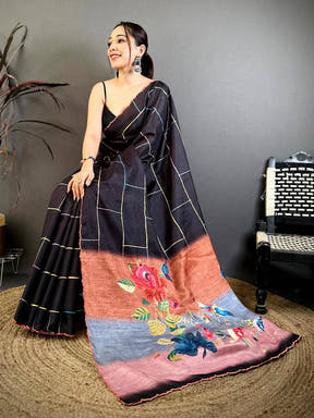 Royal Floral Embroidery Tussar Saree