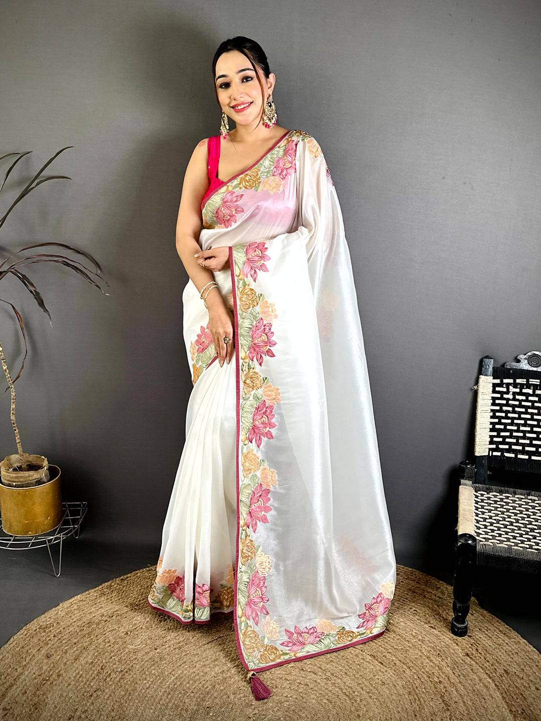 White Silky Tissue Resham Border Saree