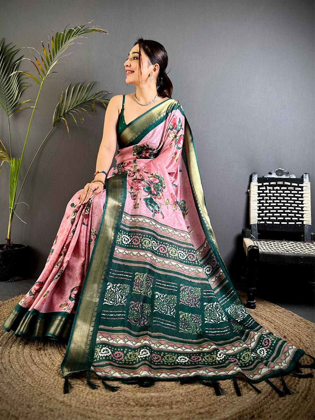 Majestic Pink Floral Dola Silk Saree