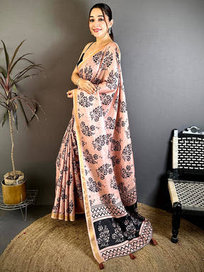 Soft Tussar Ghicha Black Floral Print Saree