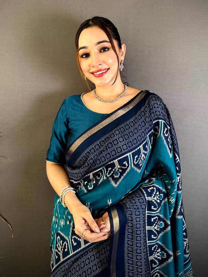 Teal Mul Cotton Ikkat Rudraksha Border Saree