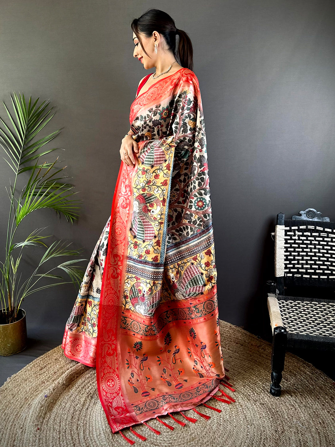 Cream Yevla Pathani Soft Silk Saree