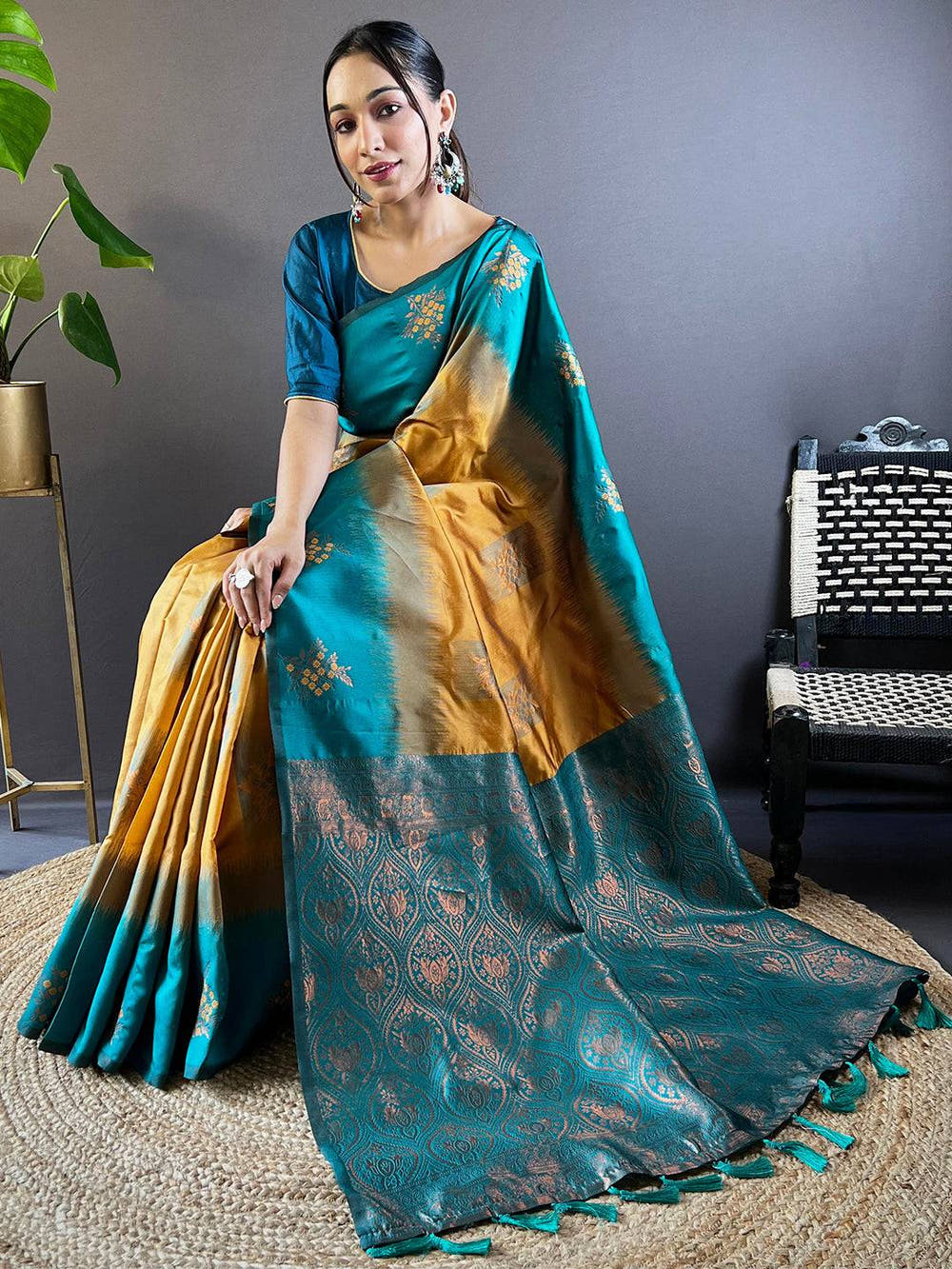 Mustard Sami Banarasi Tussar Silk Saree

