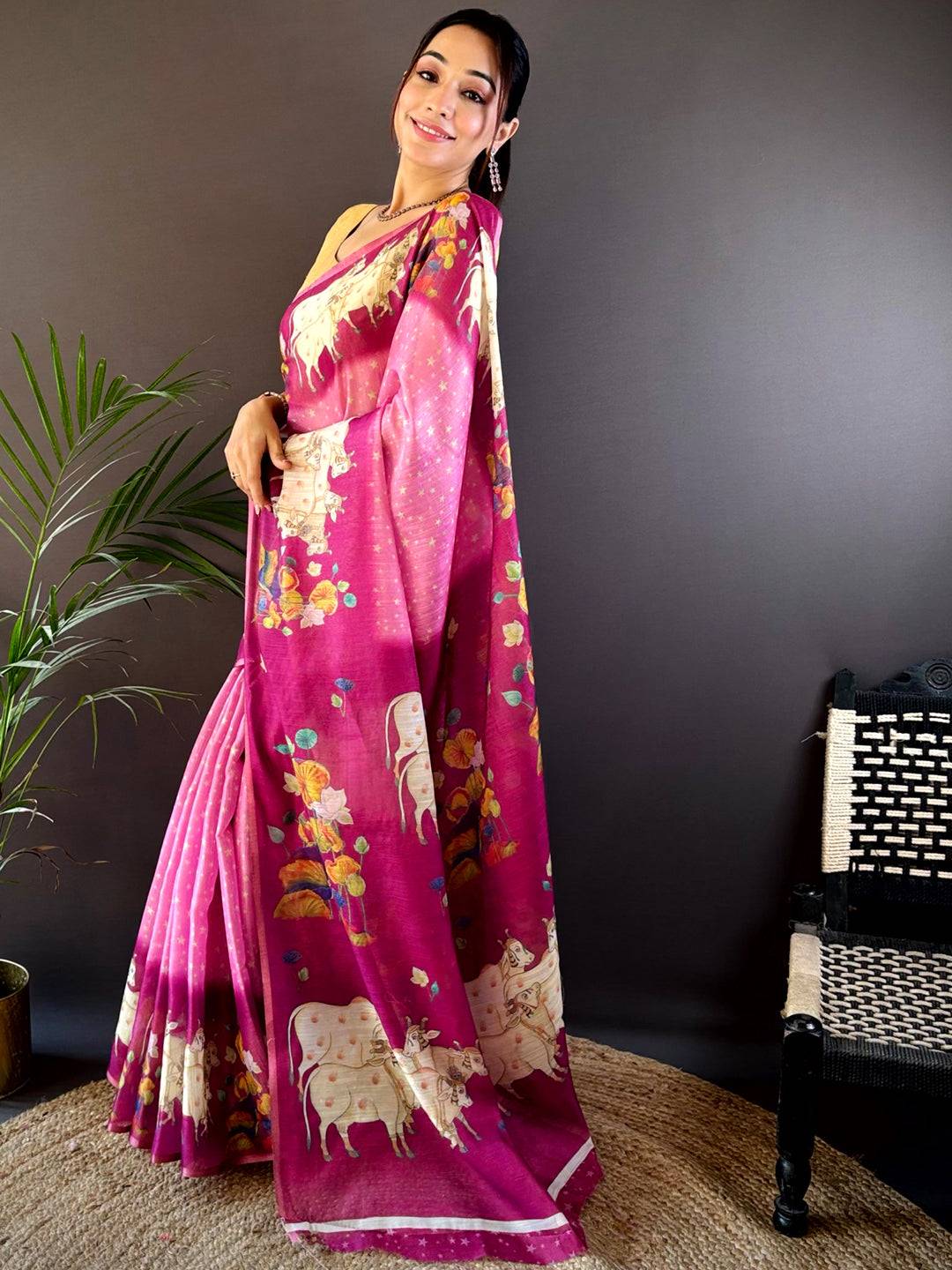 Pink Chanderi Pichwai Print Saree