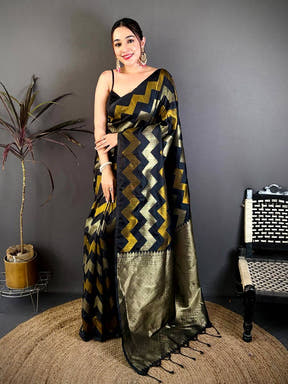 Black Soft Silk Geometric Zigzag Zari Saree